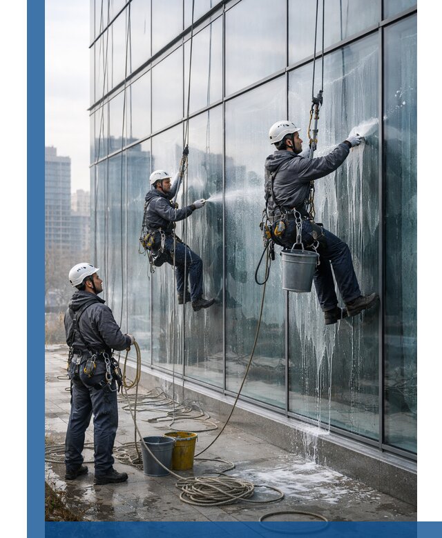 Промышленная мойка панорамных окон на высоте в Черемхове