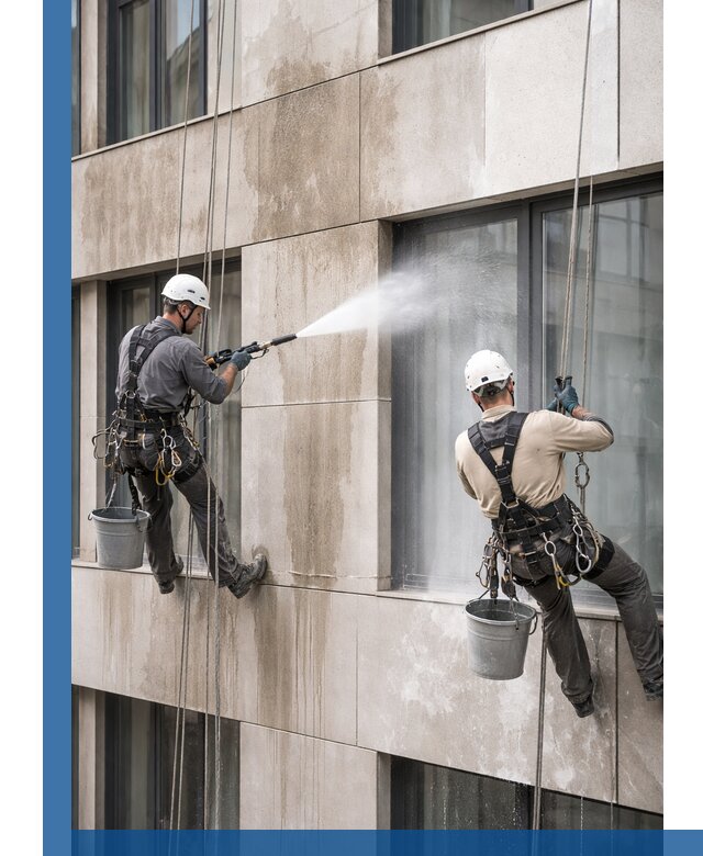 Послестроительная мойка фасада промышленным альпинизмом в Черемхове