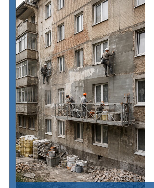 Капитальный ремонт фасада в Черемхове с восстановлением и гидроизоляцией