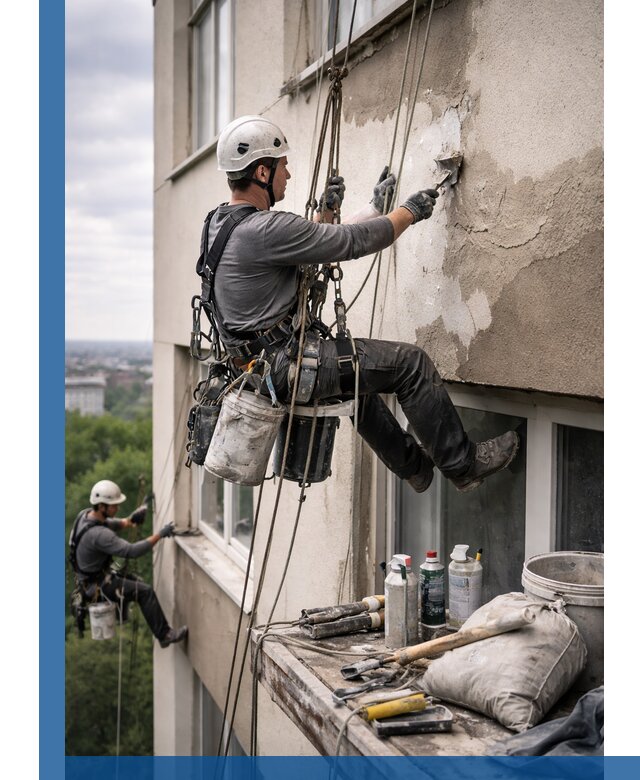 Косметический ремонт фасада зданий в Черемхове промышленными альпинистами
