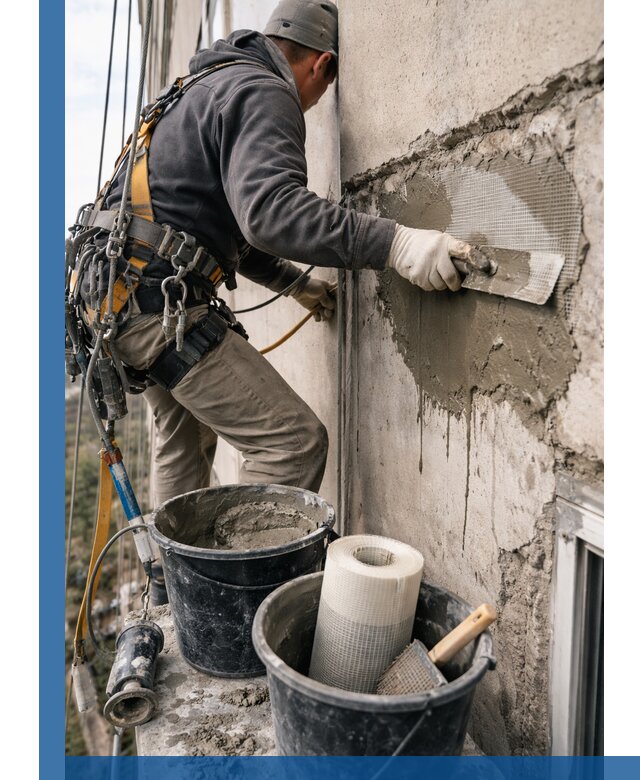 Ремонт бетонных элементов фасада промышленными альпинистами в Черемхове