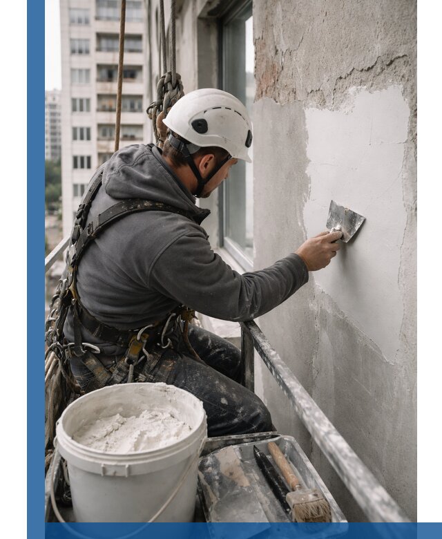 Шпаклевка фасадов на высоте с промальпинистами в Черемхове