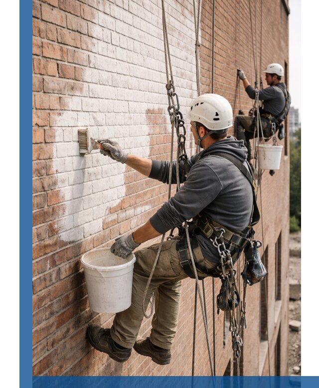 Покраска кирпичного фасада с доступным альпинистским сервисом в Черемхове
