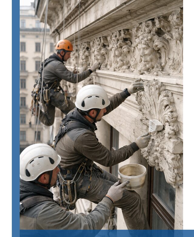 Реставрация фасадной лепнины с высотными работами в Черемхове