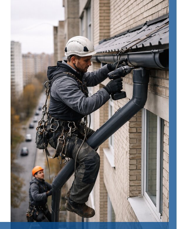 Монтаж водосточной системы на здании в Черемхове от 5213 р. | ВЫСОТНИК-Чрм