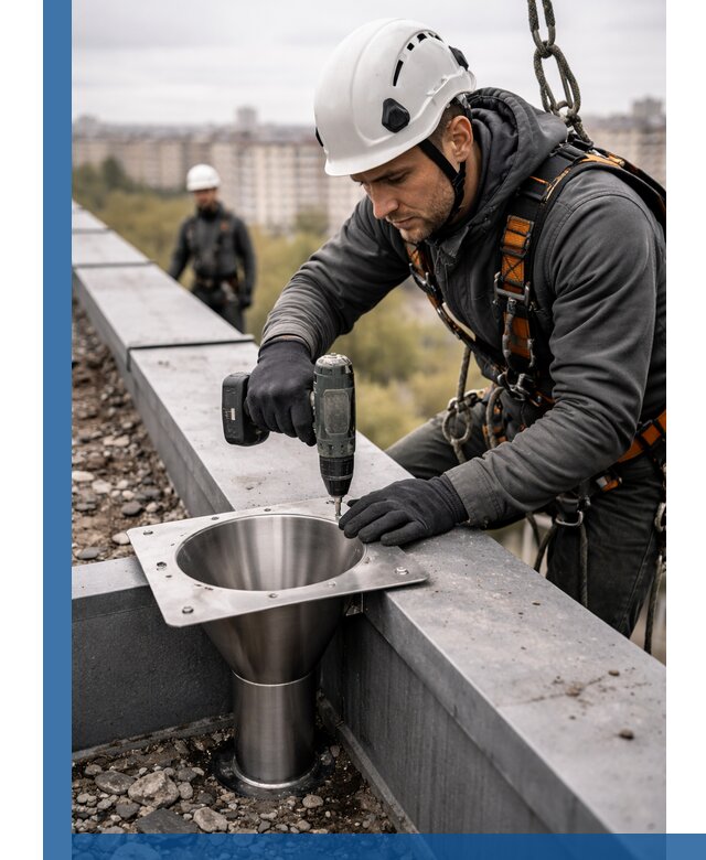 Монтаж водосточных воронок в Черемхове для промышленных зданий