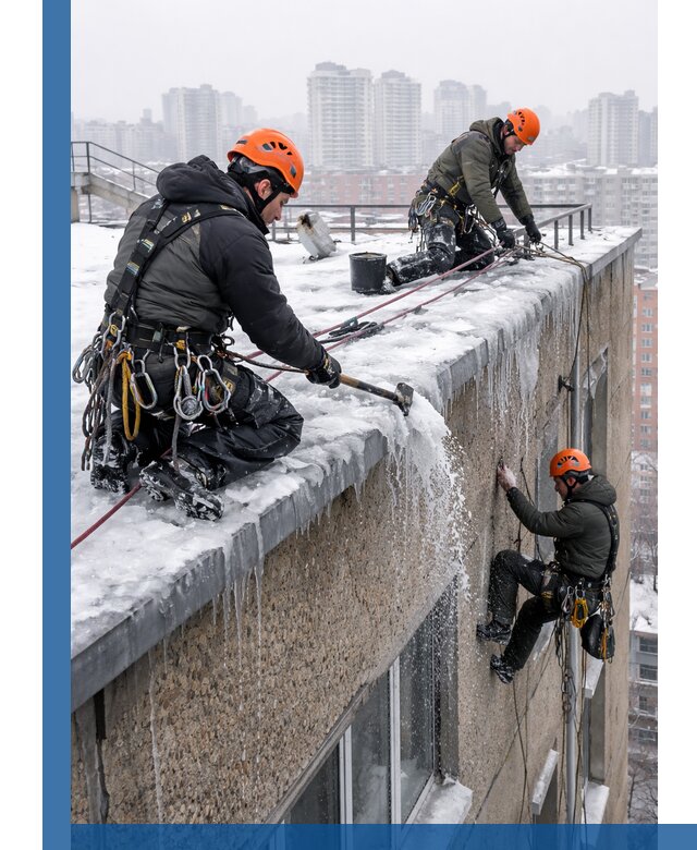 Удаление наледи с кровли в Черемхове промышленными альпинистами