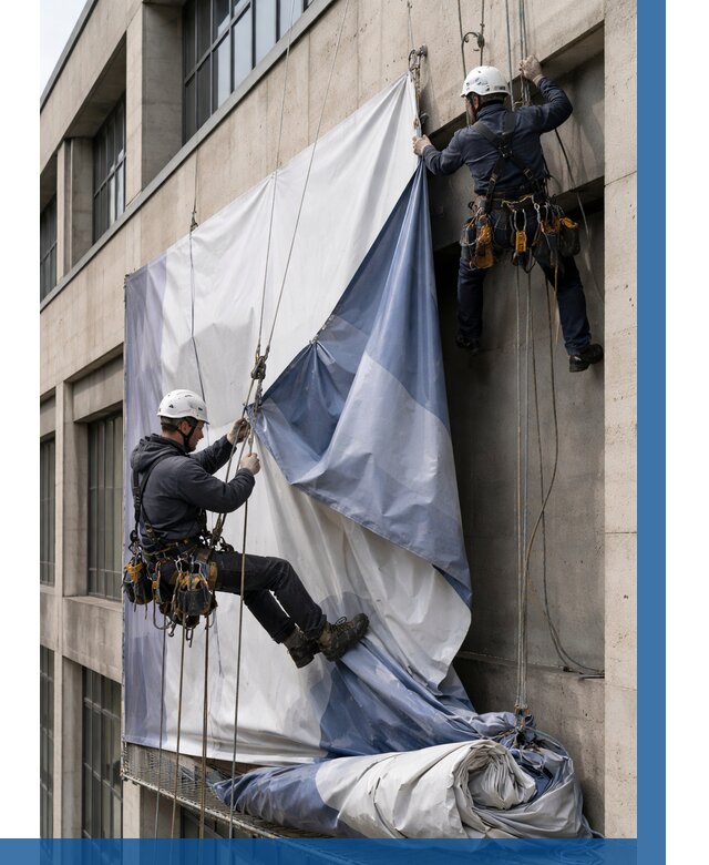 Демонтаж баннеров с фасада в Черемхове от 4692 р. | ВЫСОТНИК-Чрм