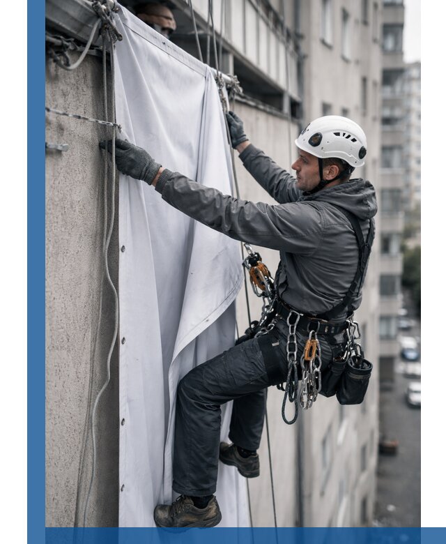 Замена баннерного полотна промышленными альпинистами в Черемхове