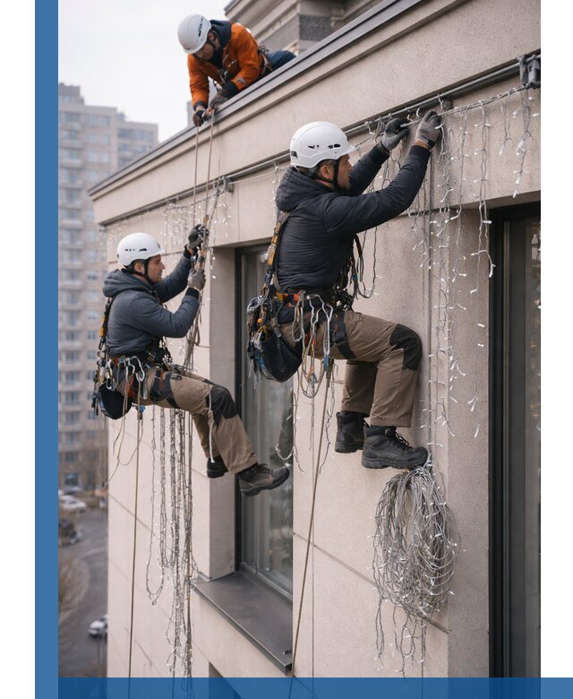 Монтаж праздничных гирлянд на фасаде в Черемхове для зданий