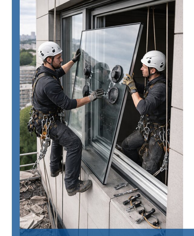 Замена стеклопакетов на высоте с промышленными альпинистами в Черемхове