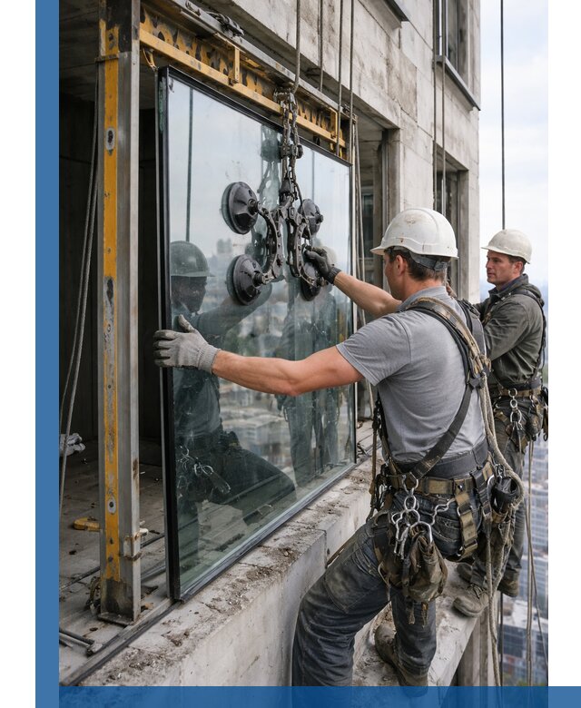 Монтаж стеклопакетов на высоте в Черемхове с промышленным альпинизмом