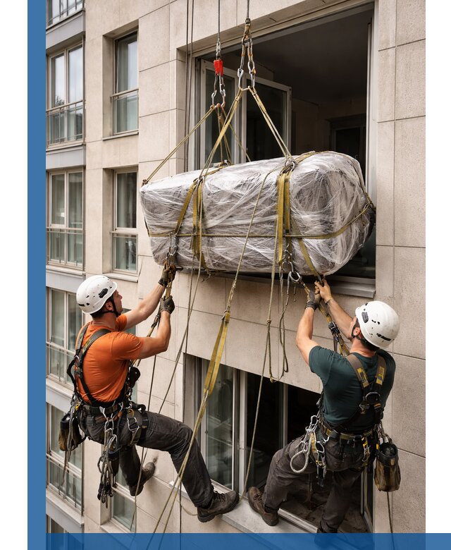 Подъем грузов через окно в Черемхове промышленными альпинистами