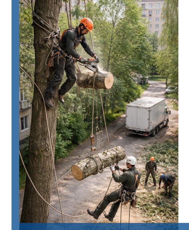 Спил деревьев альпинистами в Черемхове, безопасно и без повреждений