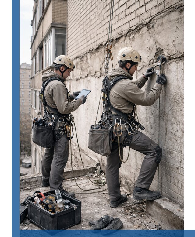 Обследование фасада промышленными альпинистами в Черемхове